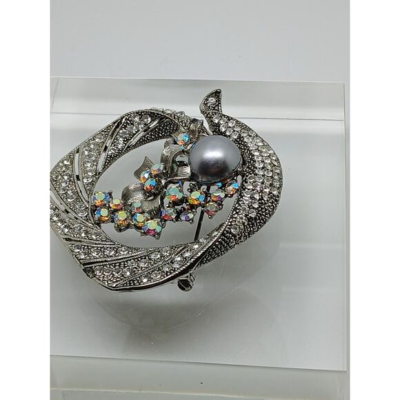 Gorgeous Vintage Estate Silver Grey Pearl Rhinestone Crystal AB Brooch - Picture 9 of 13
